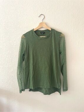 VENUS Women’s Olive Green Long Sleeve Sheer Mesh Sleeve Top